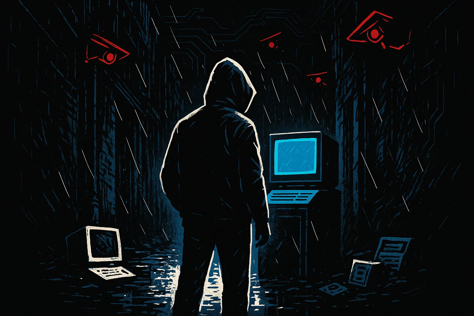 Illustration of Kevin Mitnick in a dark room with old-school computer gear