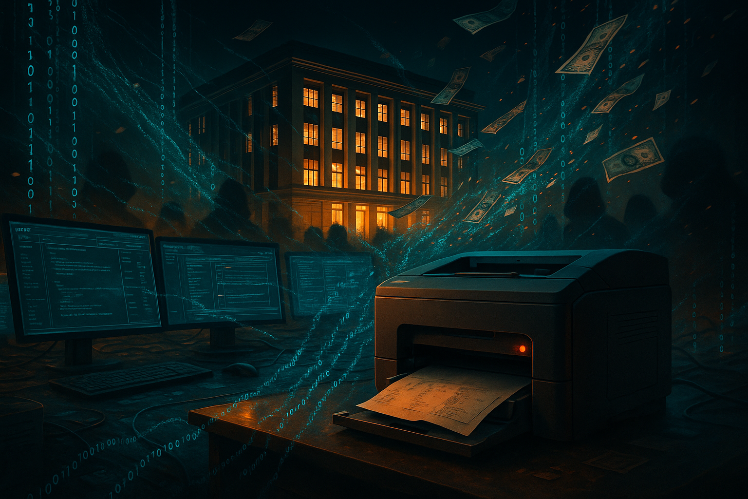 A dramatic digital scene of the Bangladesh central bank at night.